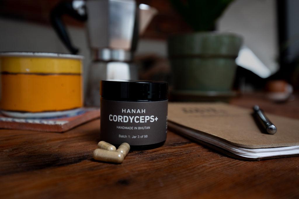 Jar of HANAH Cordyceps, a botanical supplement, on a desk with 3 capsules in front, next to a notebook and pen