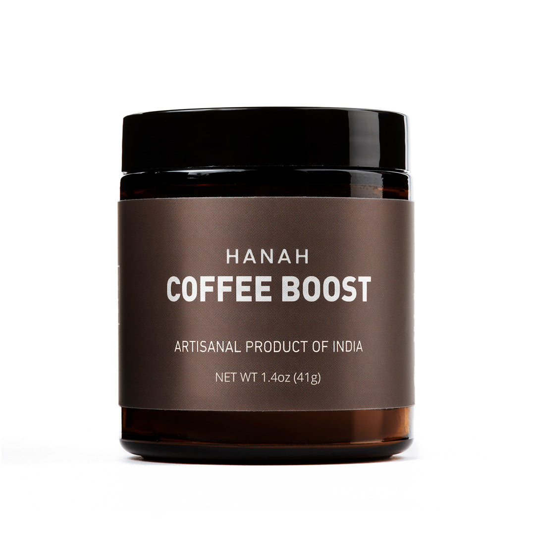 Image of a HANAH Coffee Boost jar, a premium coffee enhancer with nootropic herbs, perfect for elevating your daily brew and enhancing focus and flavor.