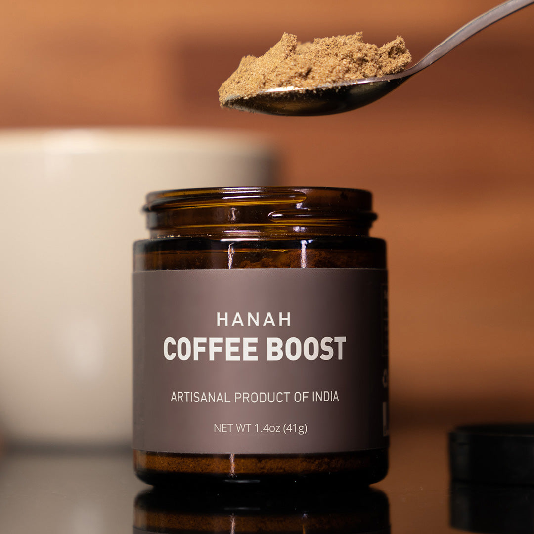 Image of a spoon of HANAH Coffee Boost, a premium coffee enhancer with nootropic herbs, perfect for elevating your daily brew and enhancing focus and flavor.